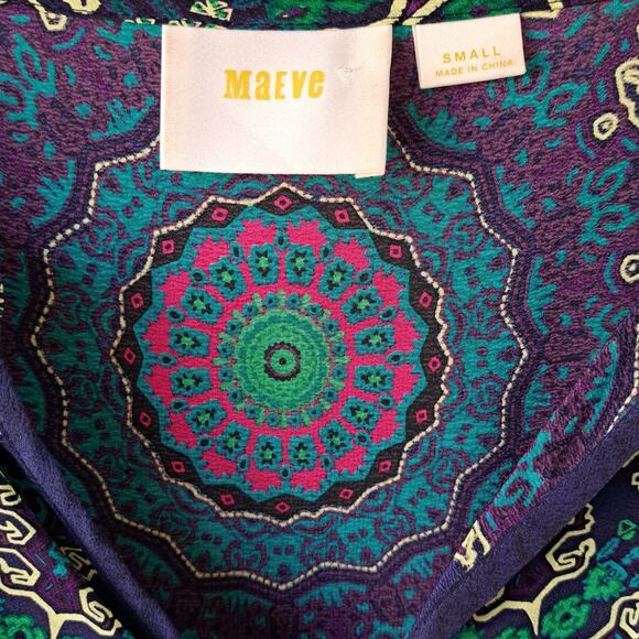 Anthropologie Maeve Silk Medallion Mini Caftan Tunic Dress Size Small Blue Multi - Picture 6 of 11